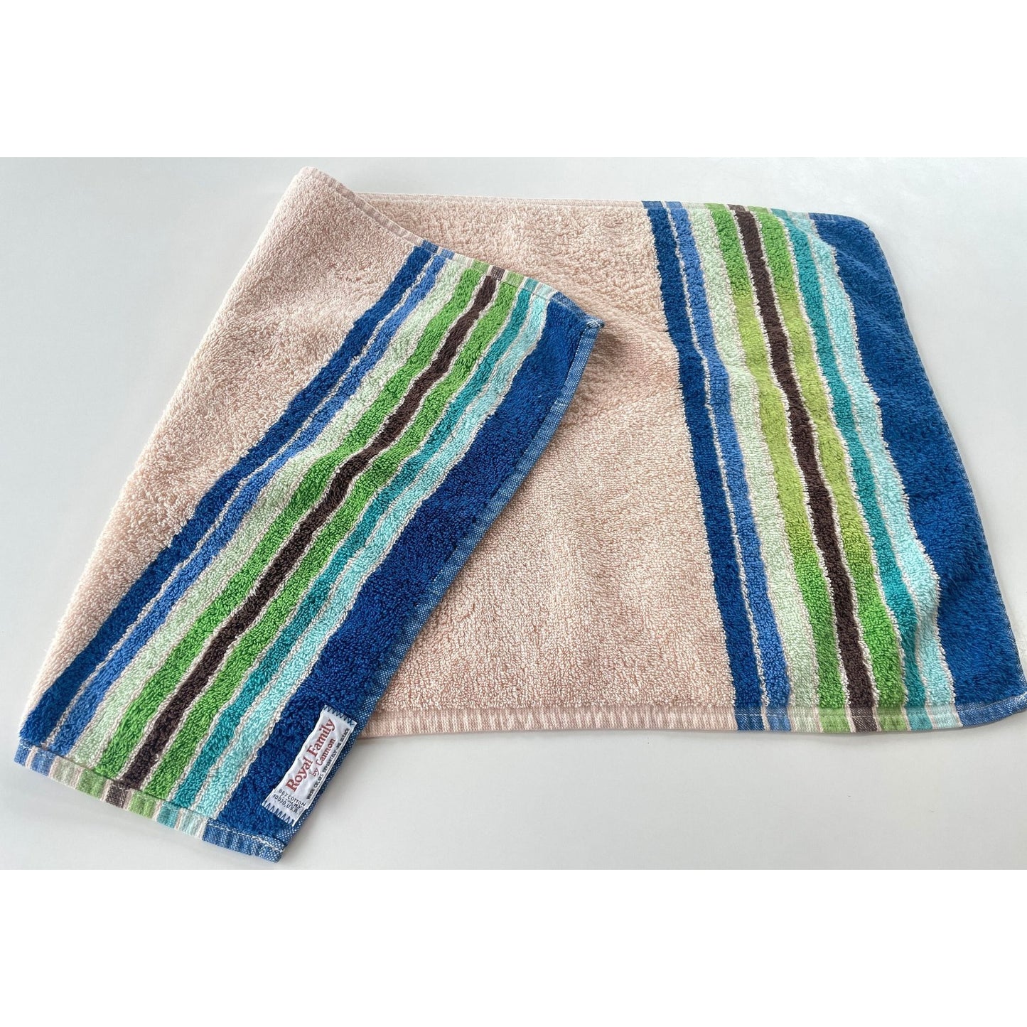 Vintage 80s hand towel, blue green tan stripes, Royal Family by Cannon