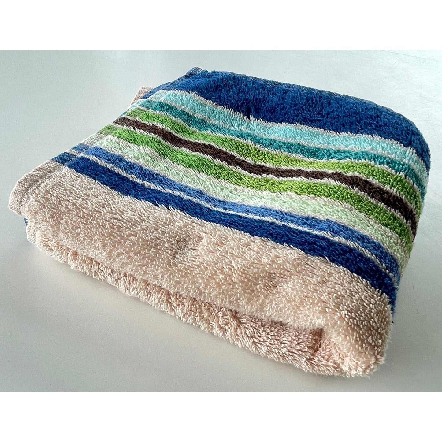 Vintage 80s hand towel, blue green tan stripes, Royal Family by Cannon