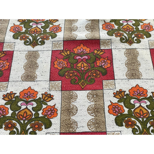Vintage 70s tablecloth, pink orange green and tan mod floral, rectangle