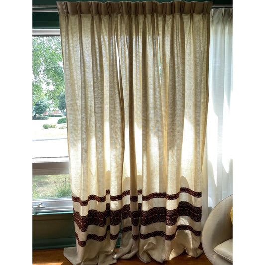 Vintage 70s pleated curtain, textured brown, brick red details