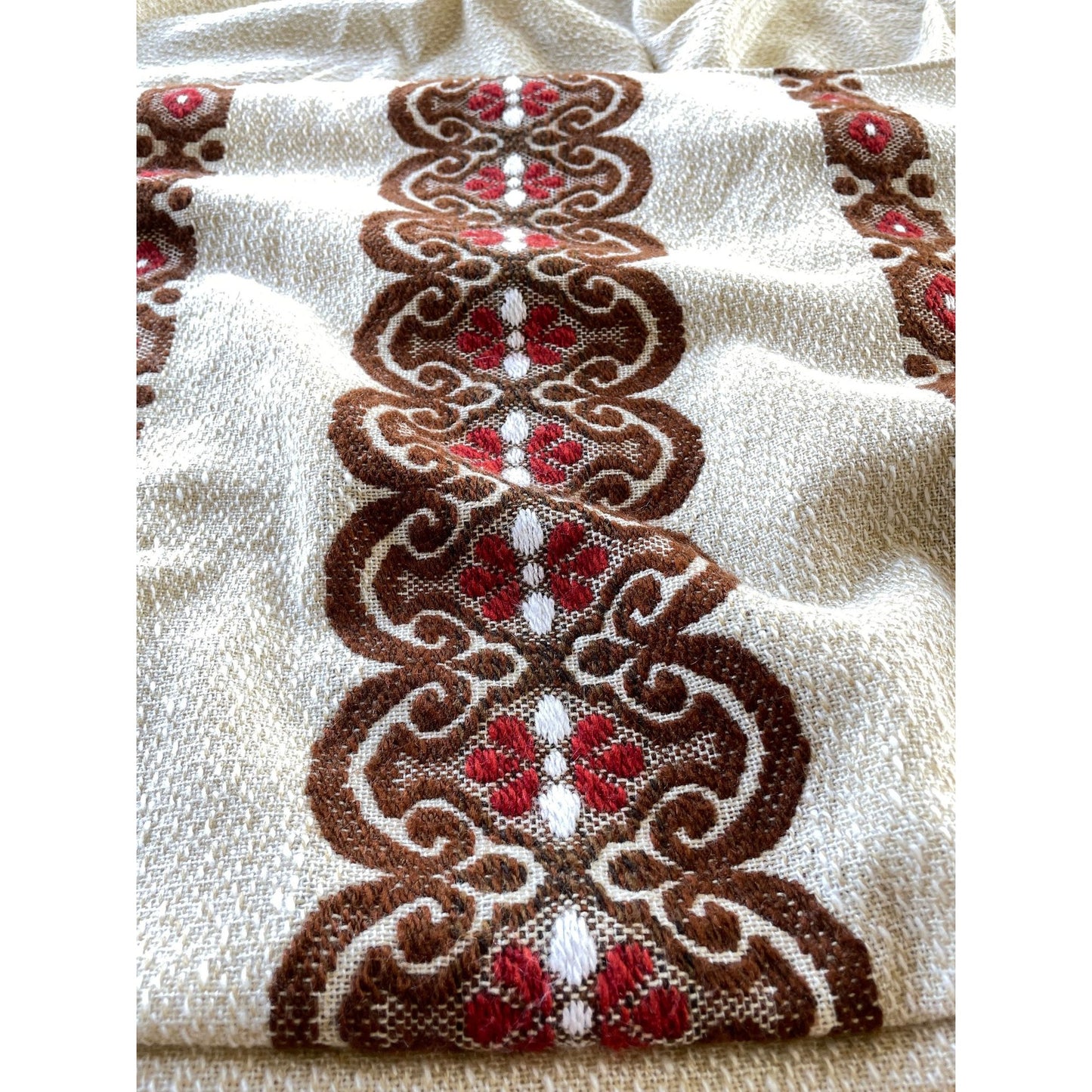 Vintage 70s pleated curtain, textured brown, brick red details