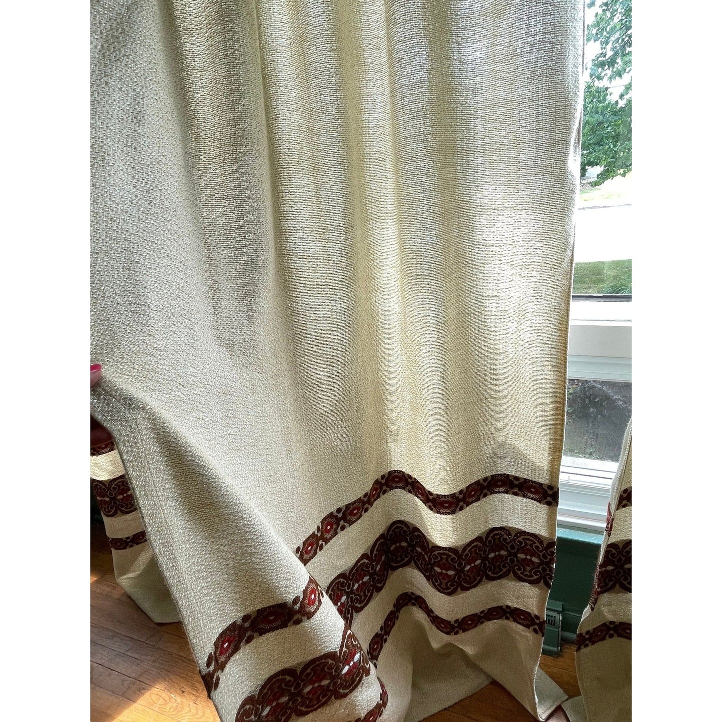Vintage 70s pleated curtain, textured brown, brick red details