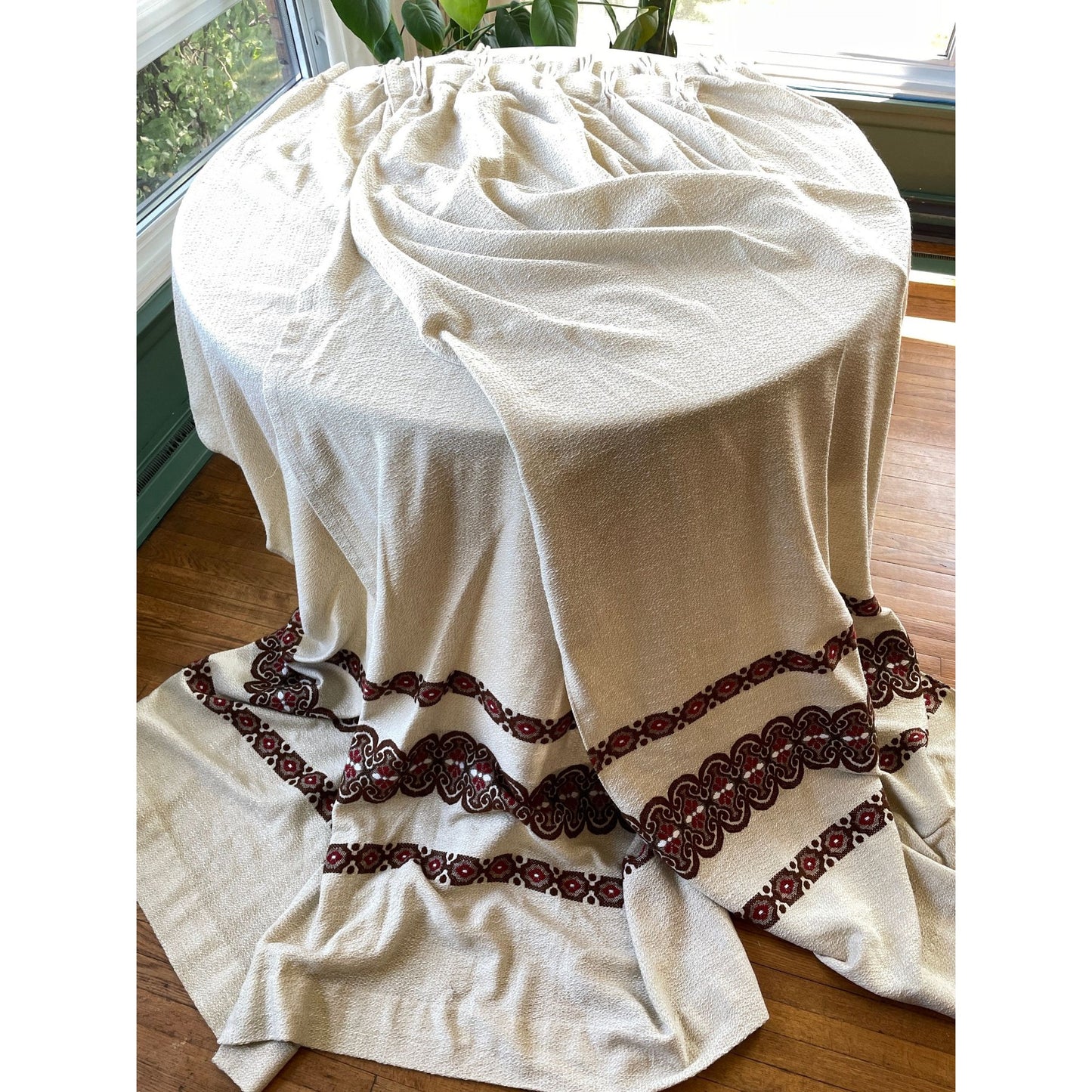 Vintage 70s pleated curtain, textured brown, brick red details