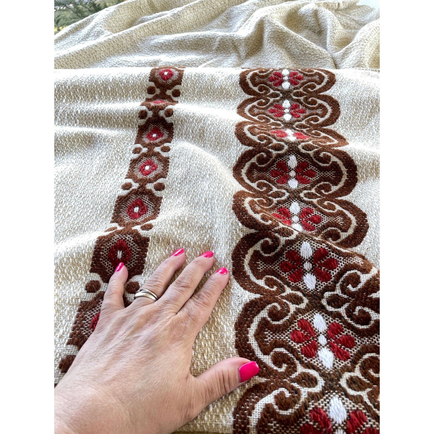 Vintage 70s pleated curtain, textured brown, brick red details