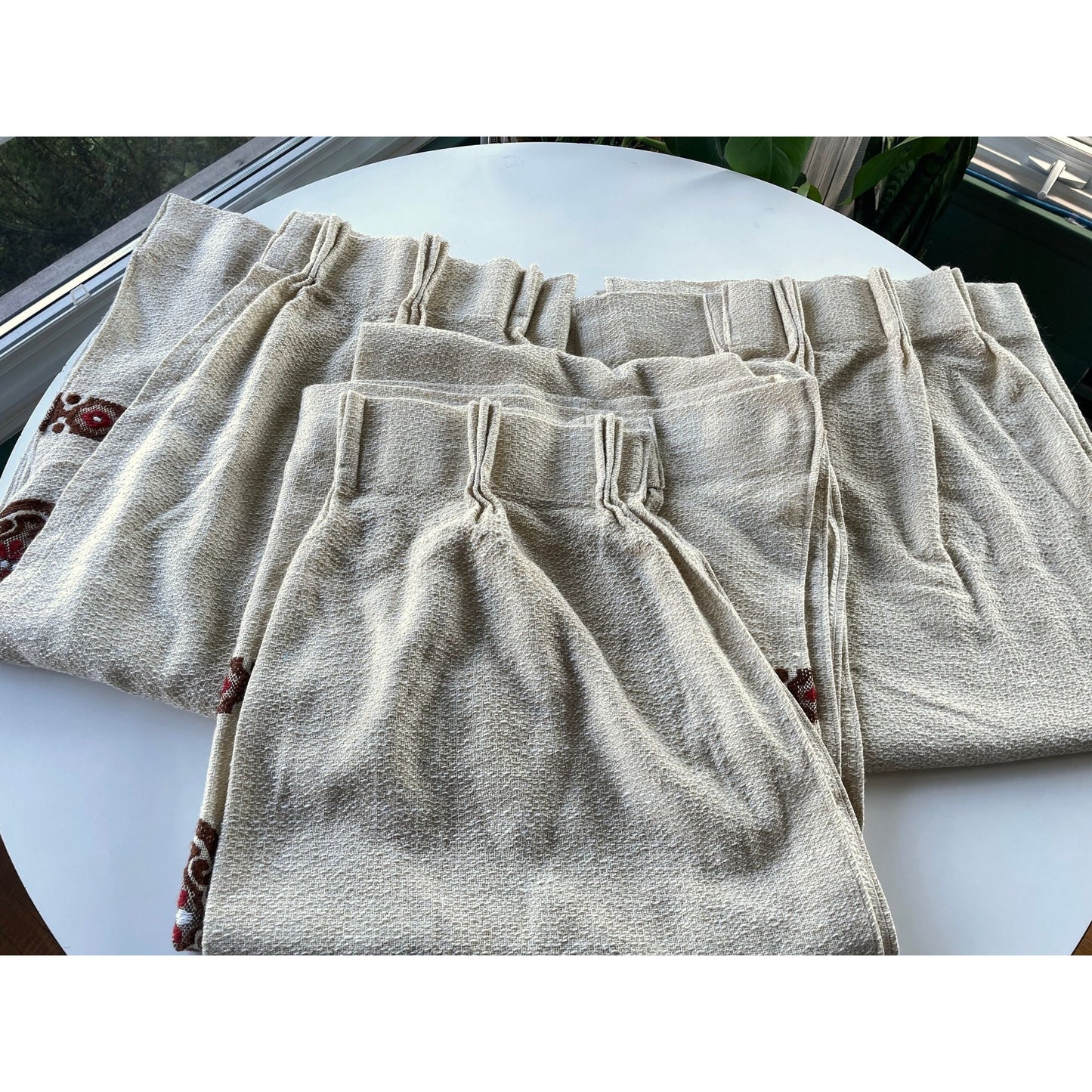 Vintage 70s pleated curtain, textured brown, brick red details
