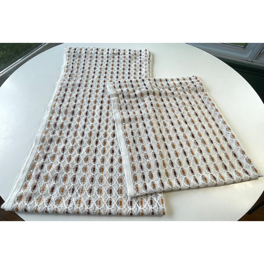 Vintage 70s curtain, white brown striped net woven mesh
