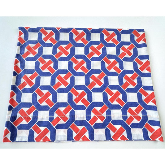 Vintage 1970s pillowcase, blue red geometric pattern, Sears