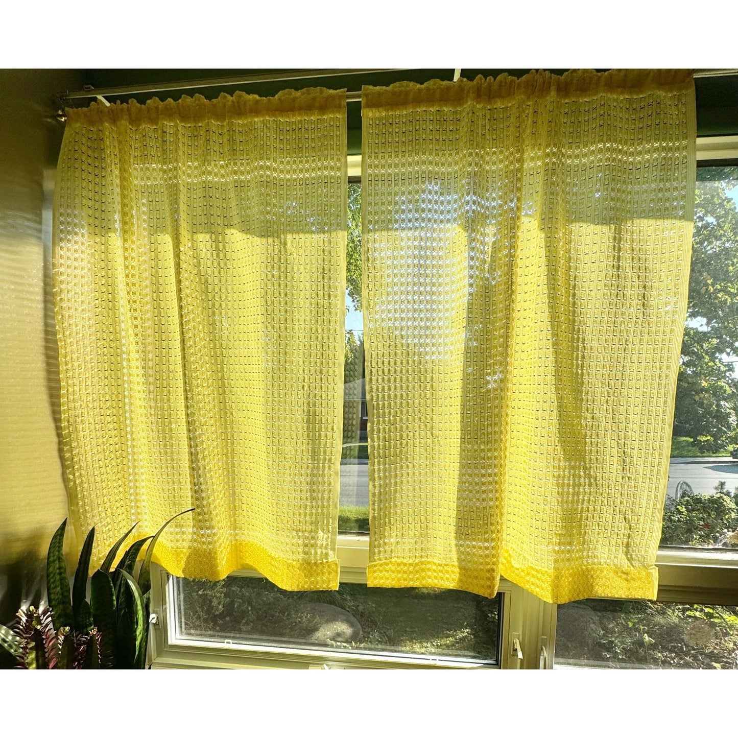 Vintage 70s curtain, yellow mesh panel