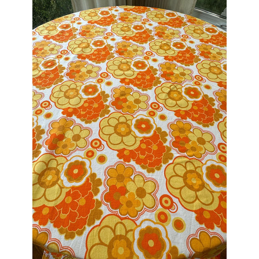 Vintage 70s flat/top sheet, orange green and yellow floral, twin size bed