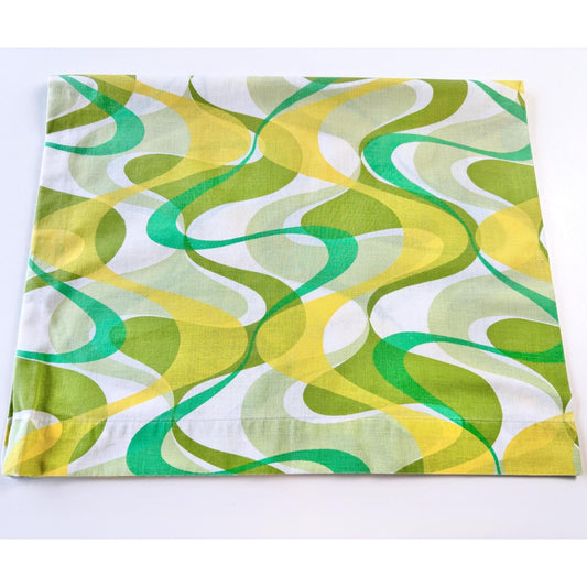 Vintage 1970s geometric pillowcase, green, olive, yellow, groovy, TexMade