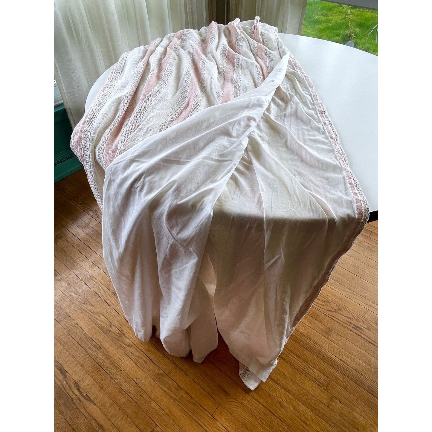 Vintage 80s pleated curtain, blush pink stripes, lined drape, JC Penney