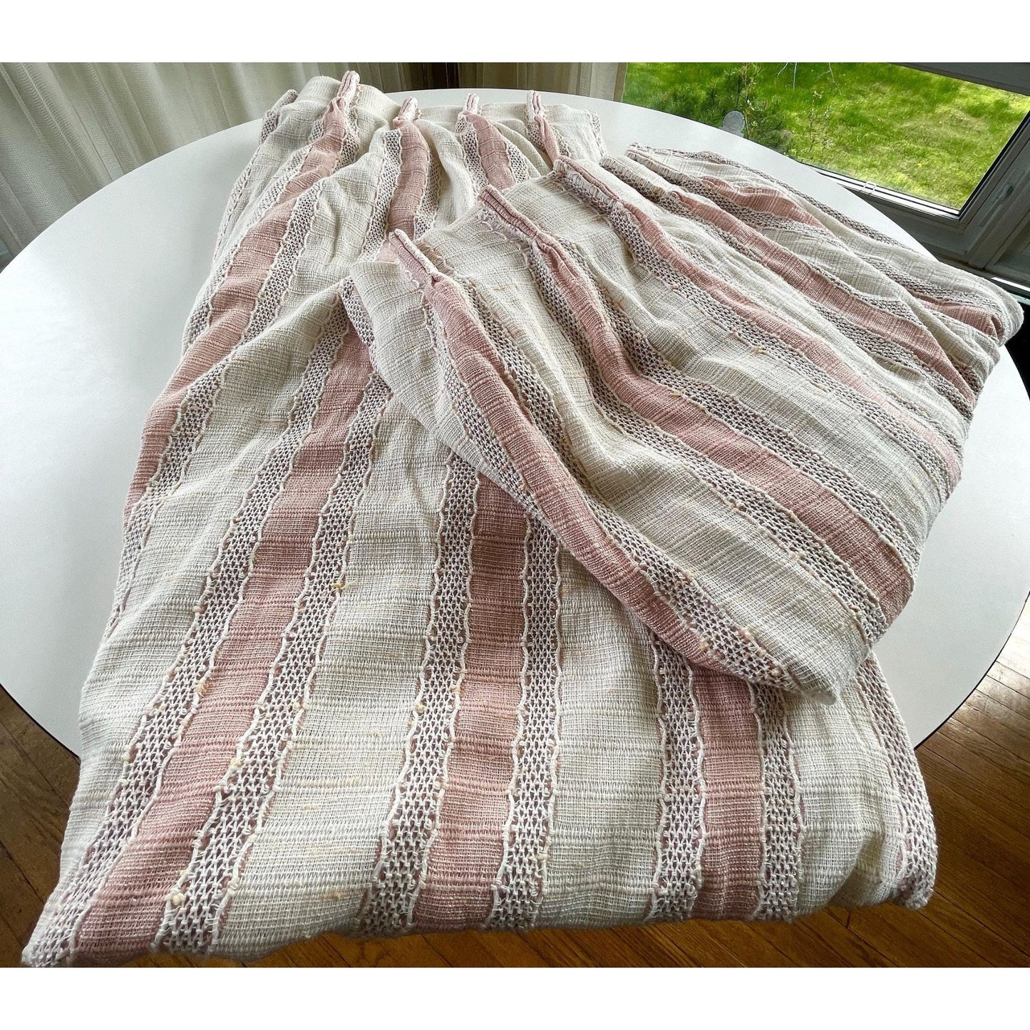 Vintage 80s pleated curtain, blush pink stripes, lined drape, JC Penney