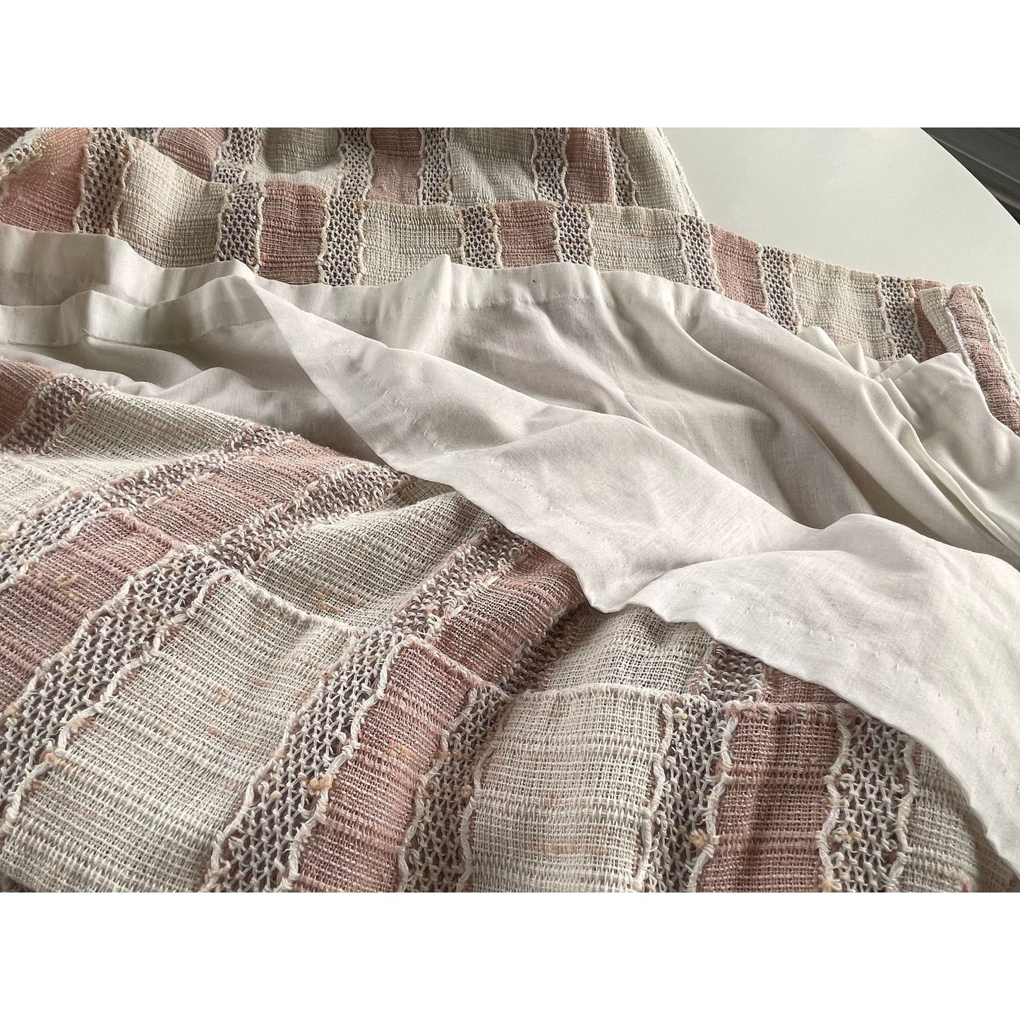 Vintage 80s pleated curtain, blush pink stripes, lined drape, JC Penney