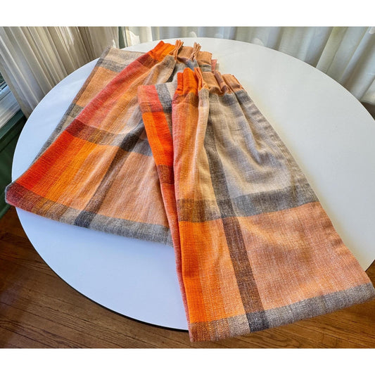 Vintage 70s pleated curtains, orange ombre plaid, pair of panels with tiebacks