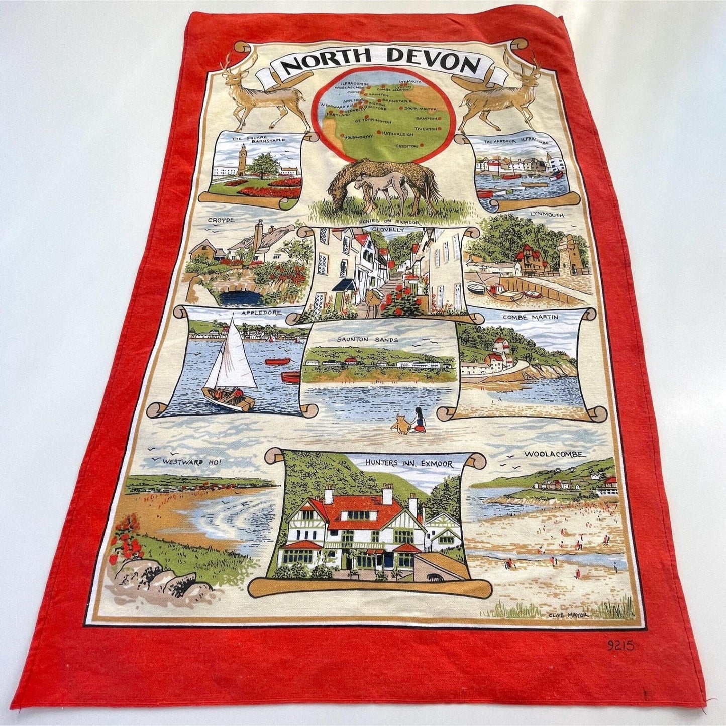 Vintage North Devon tea towel, England map souvenir