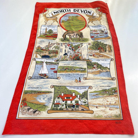 Vintage North Devon tea towel, England map souvenir