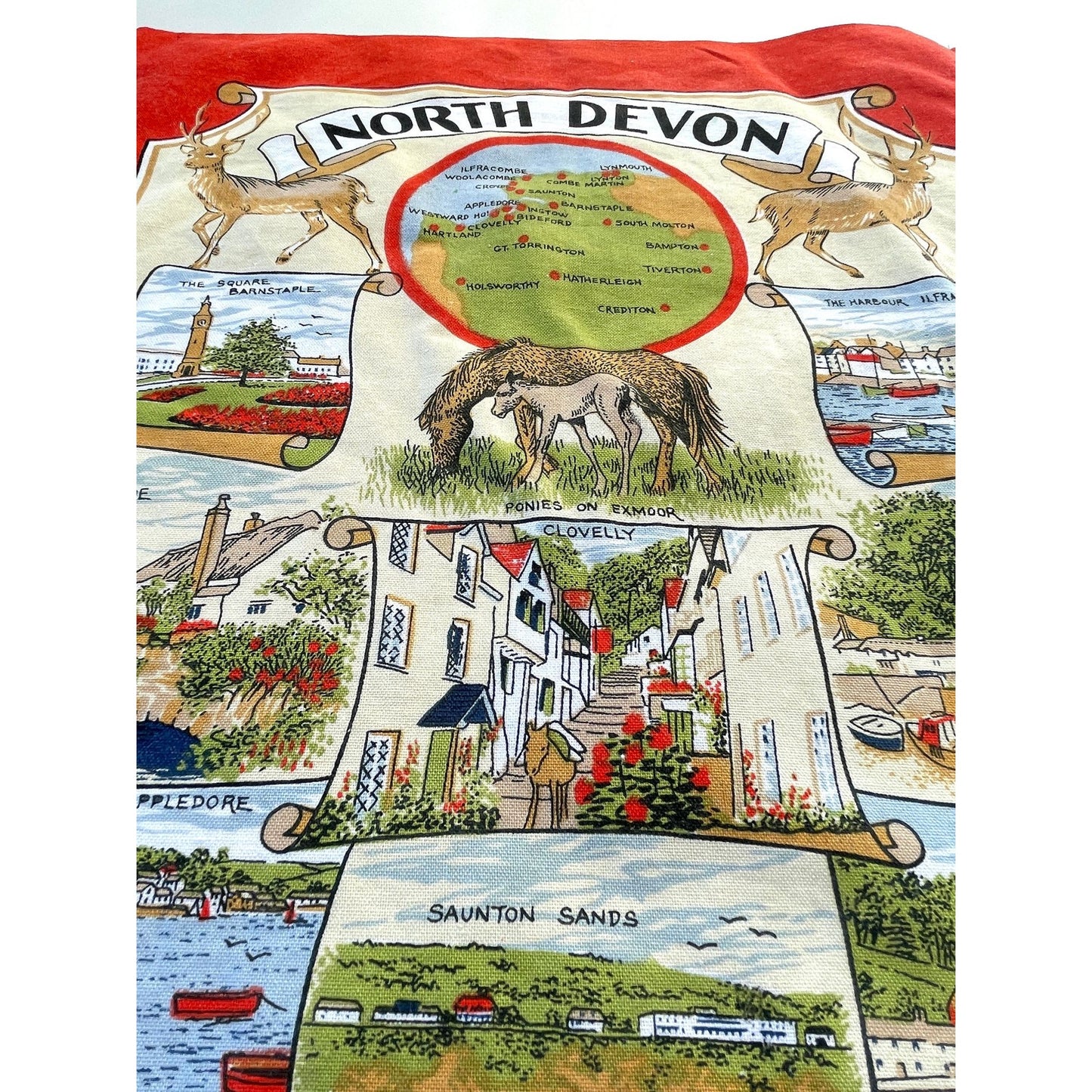Vintage North Devon tea towel, England map souvenir