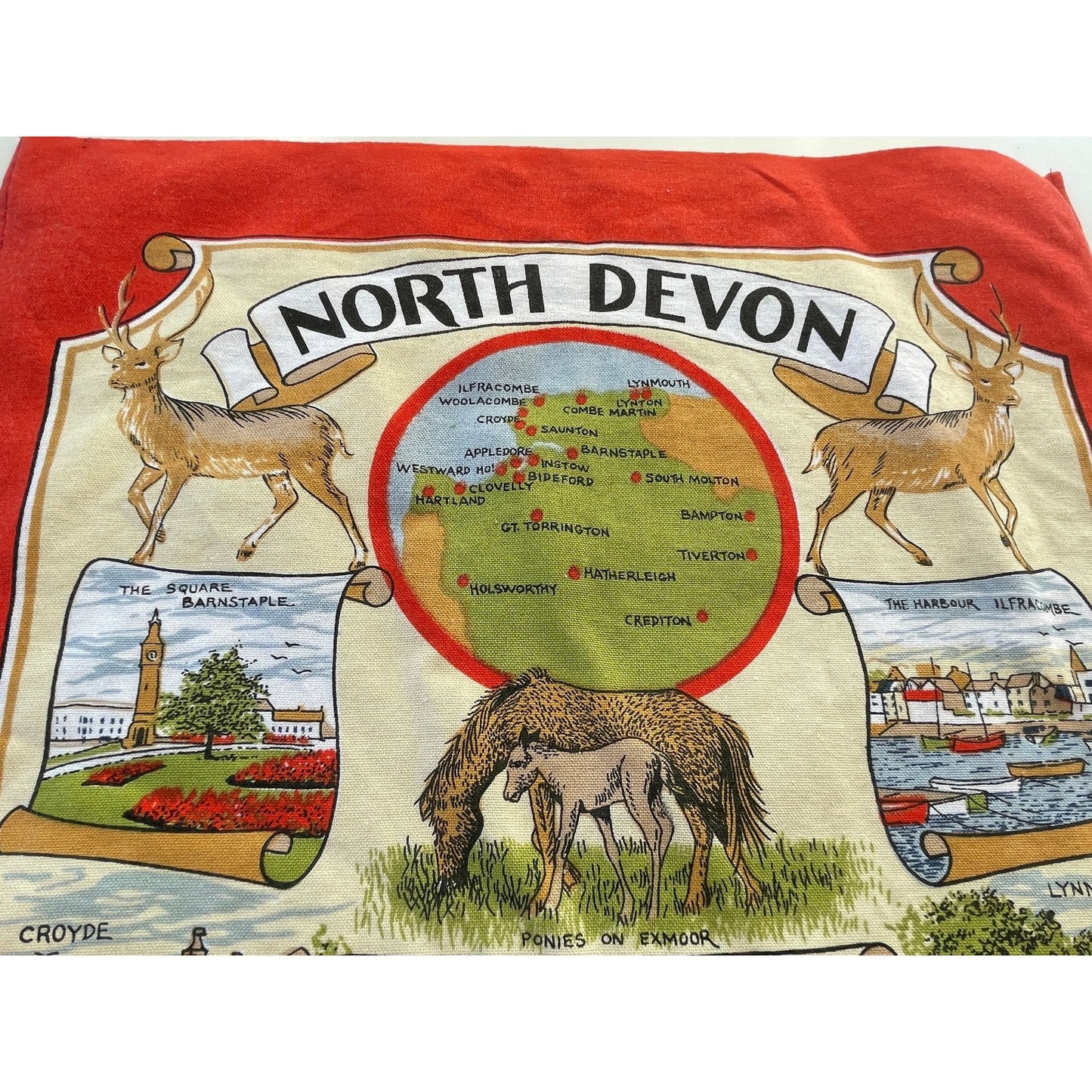 Vintage North Devon tea towel, England map souvenir