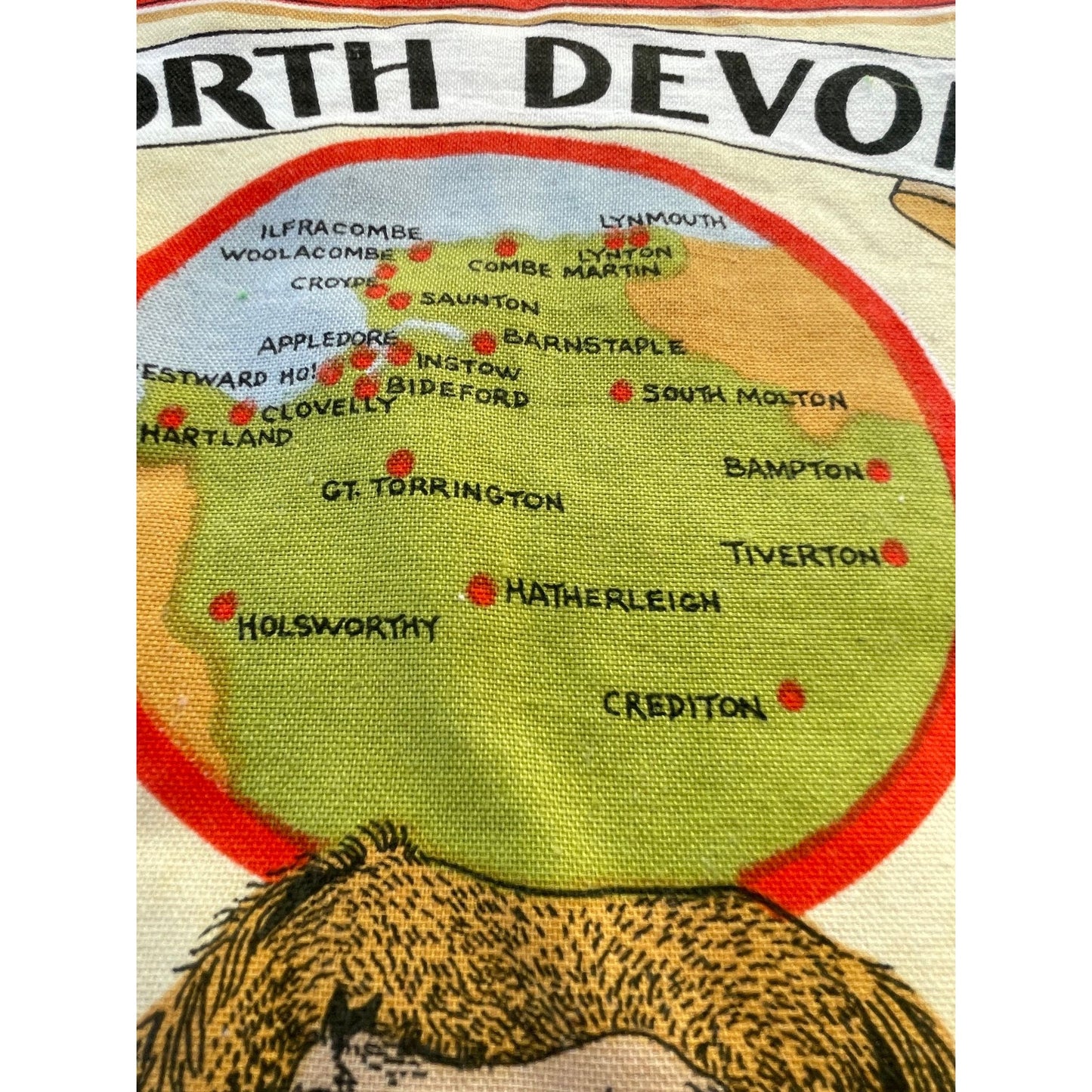 Vintage North Devon tea towel, England map souvenir