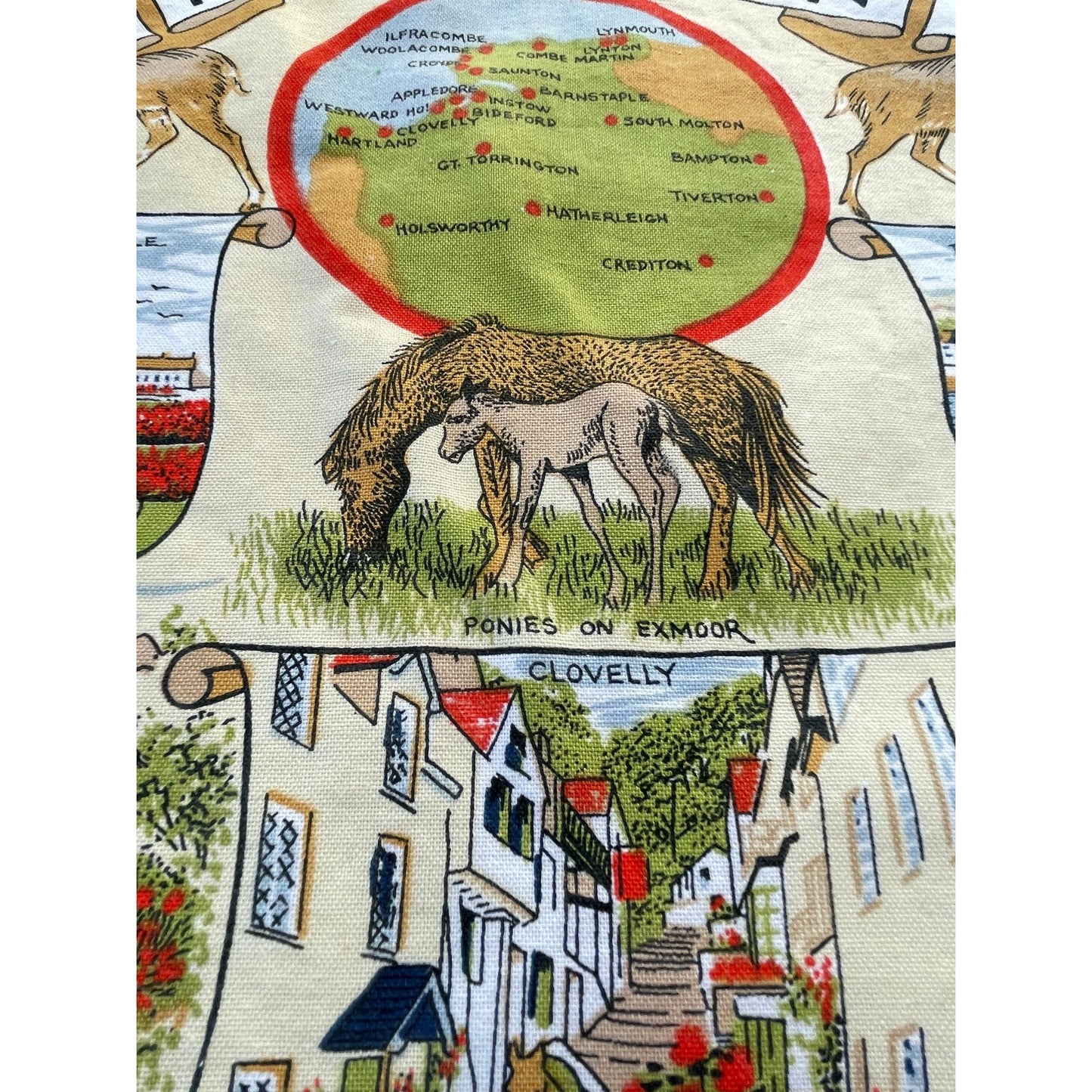 Vintage North Devon tea towel, England map souvenir
