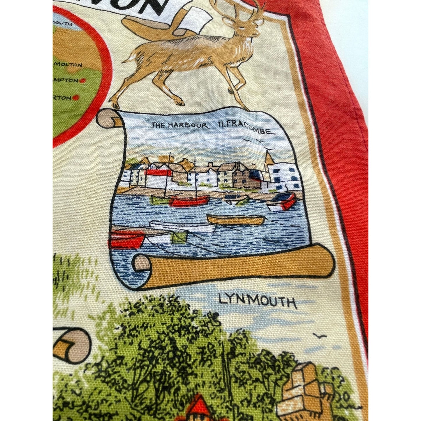 Vintage North Devon tea towel, England map souvenir