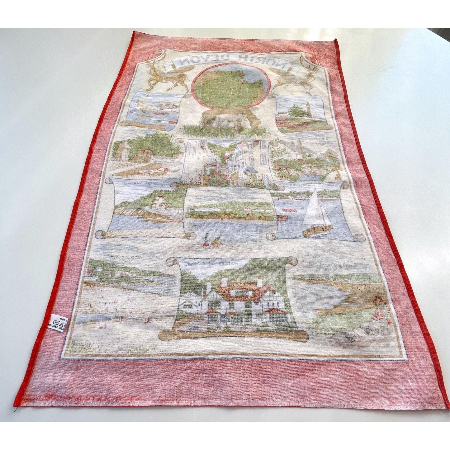 Vintage North Devon tea towel, England map souvenir