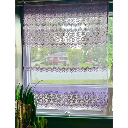 Vintage 70s curtain, purple/lavender, fuzzy floral mesh panel
