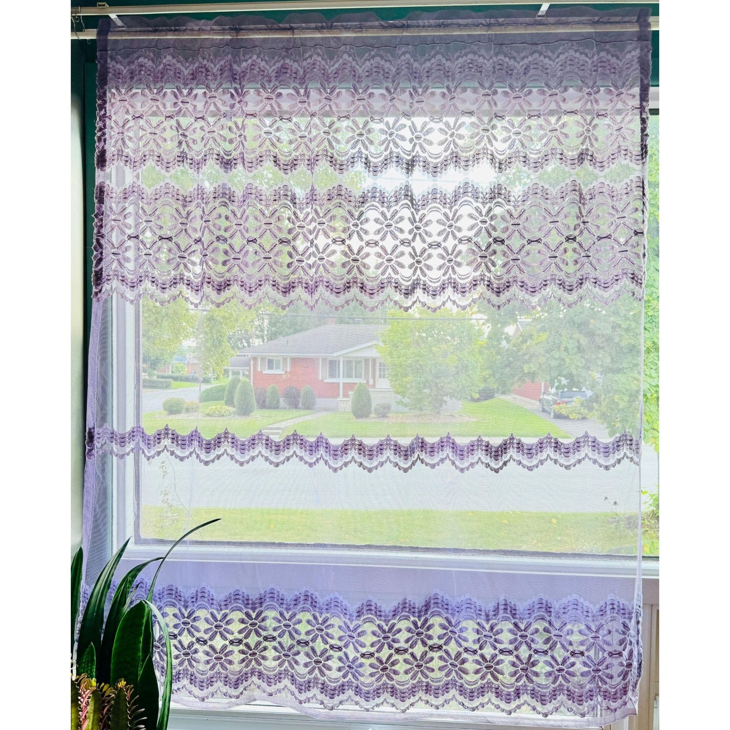 Vintage 70s curtain, purple/lavender, fuzzy floral mesh panel