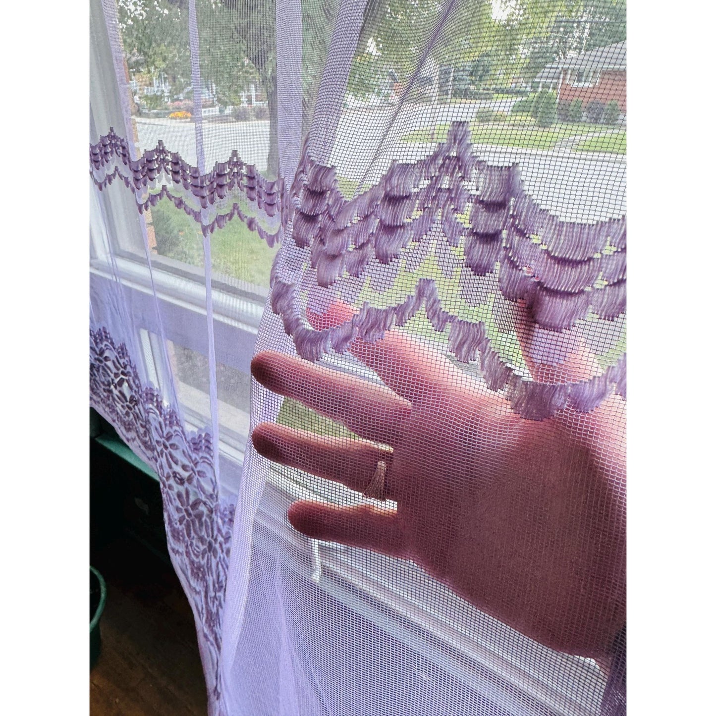 Vintage 70s curtain, purple/lavender, fuzzy floral mesh panel
