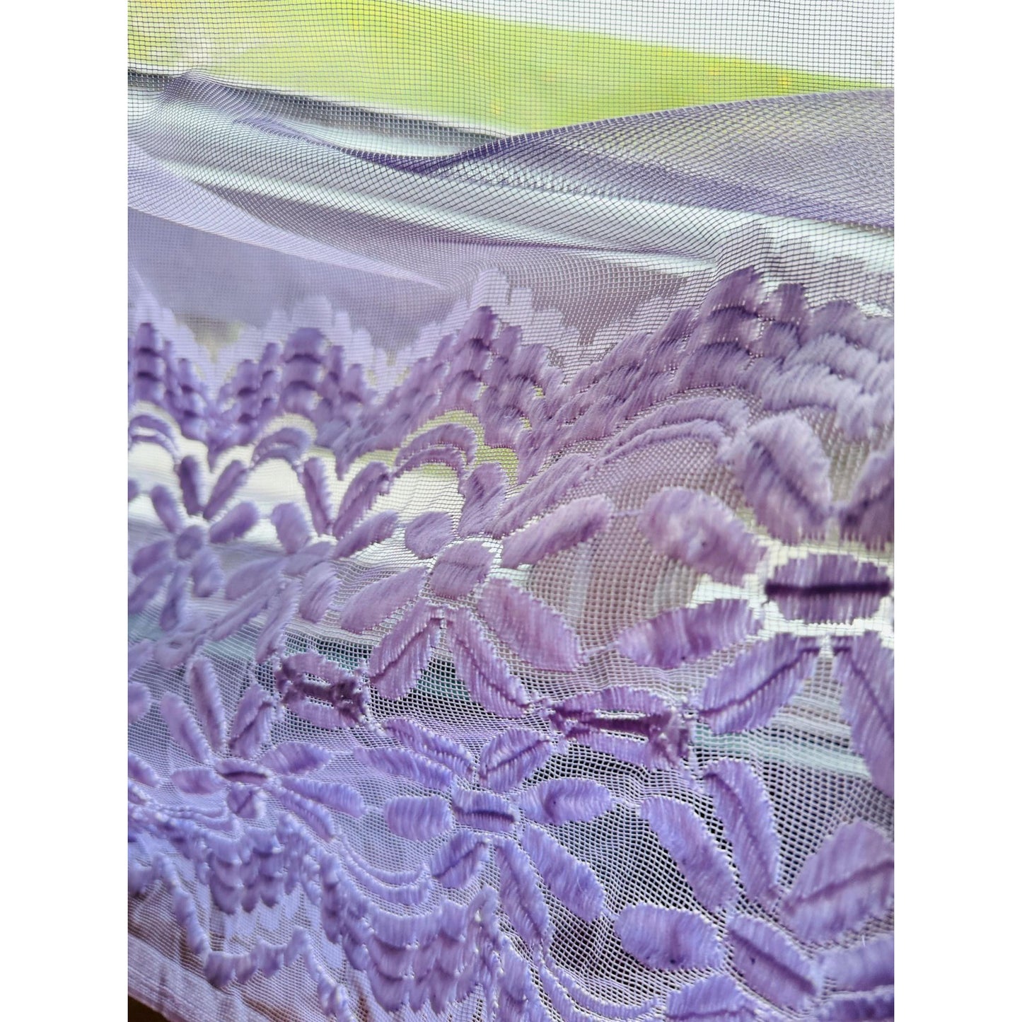 Vintage 70s curtain, purple/lavender, fuzzy floral mesh panel