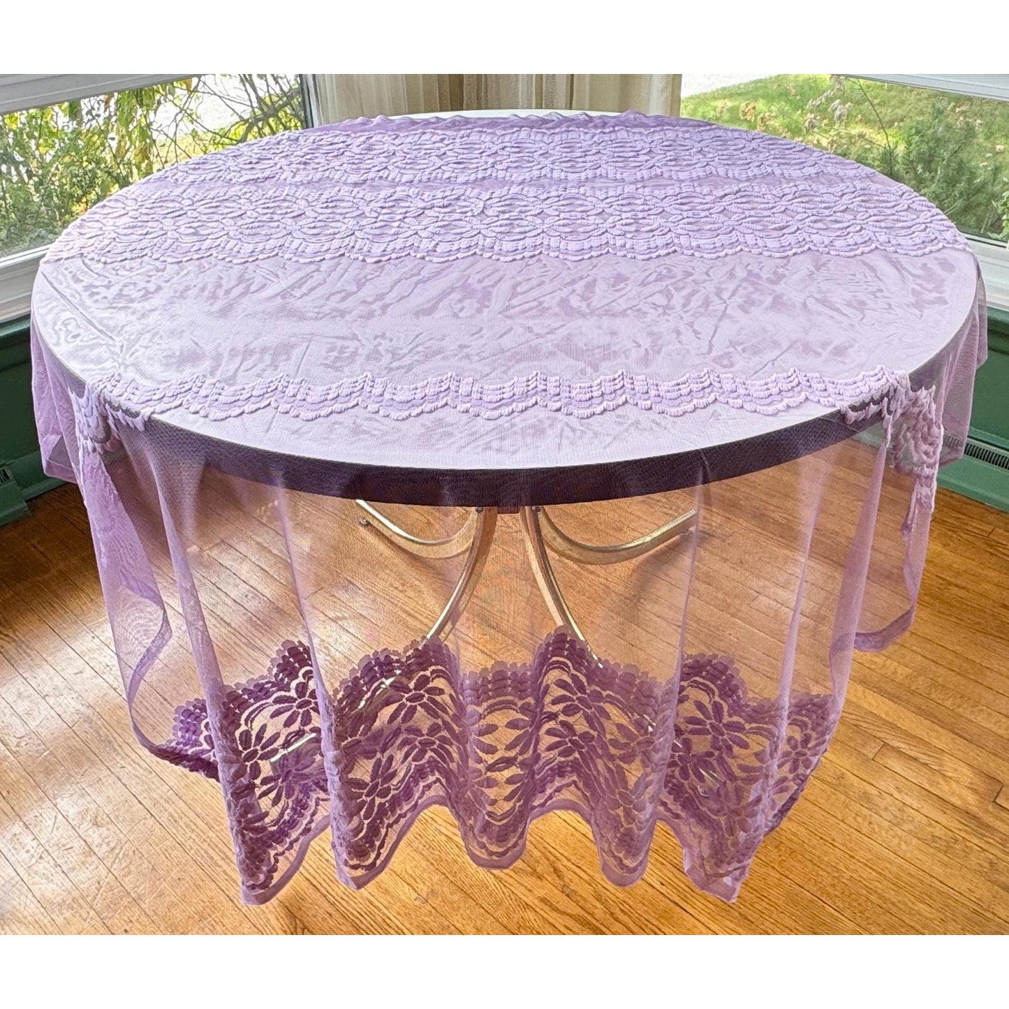 Vintage 70s curtain, purple/lavender, fuzzy floral mesh panel