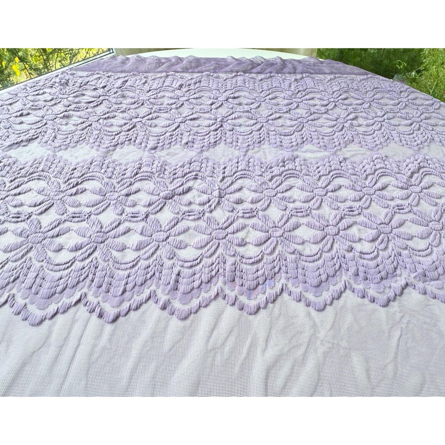 Vintage 70s curtain, purple/lavender, fuzzy floral mesh panel