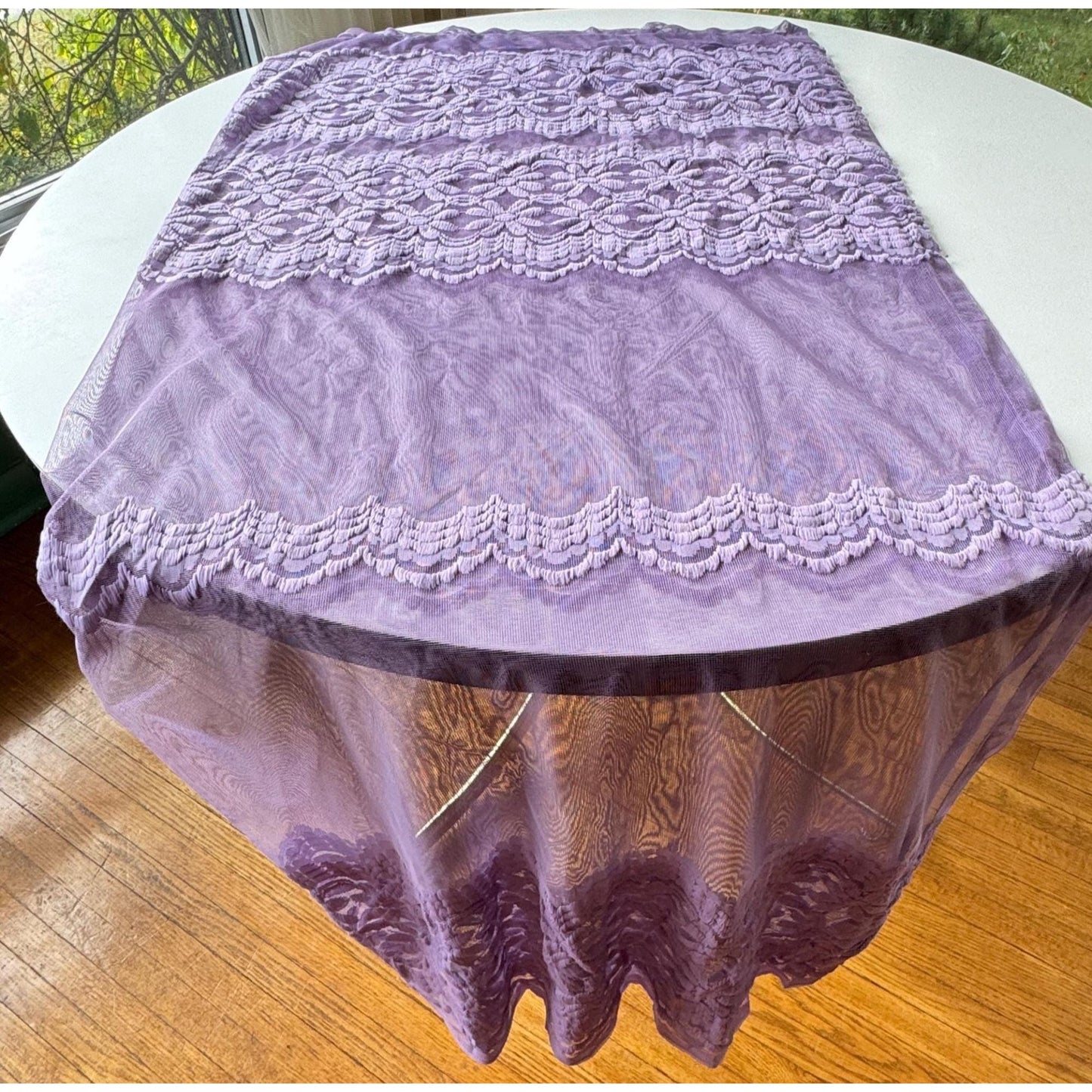 Vintage 70s curtain, purple/lavender, fuzzy floral mesh panel