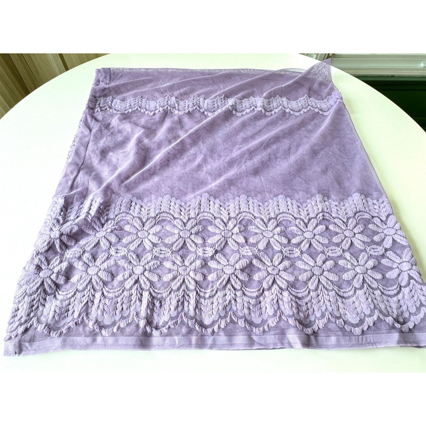 Vintage 70s curtain, purple/lavender, fuzzy floral mesh panel