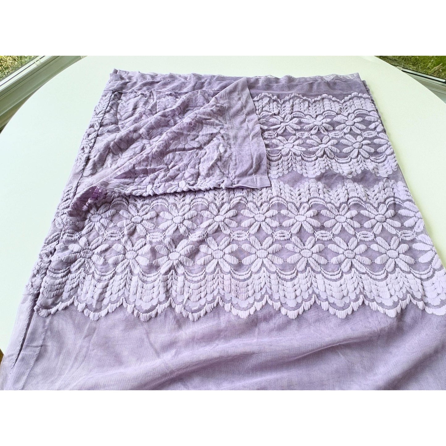 Vintage 70s curtain, purple/lavender, fuzzy floral mesh panel