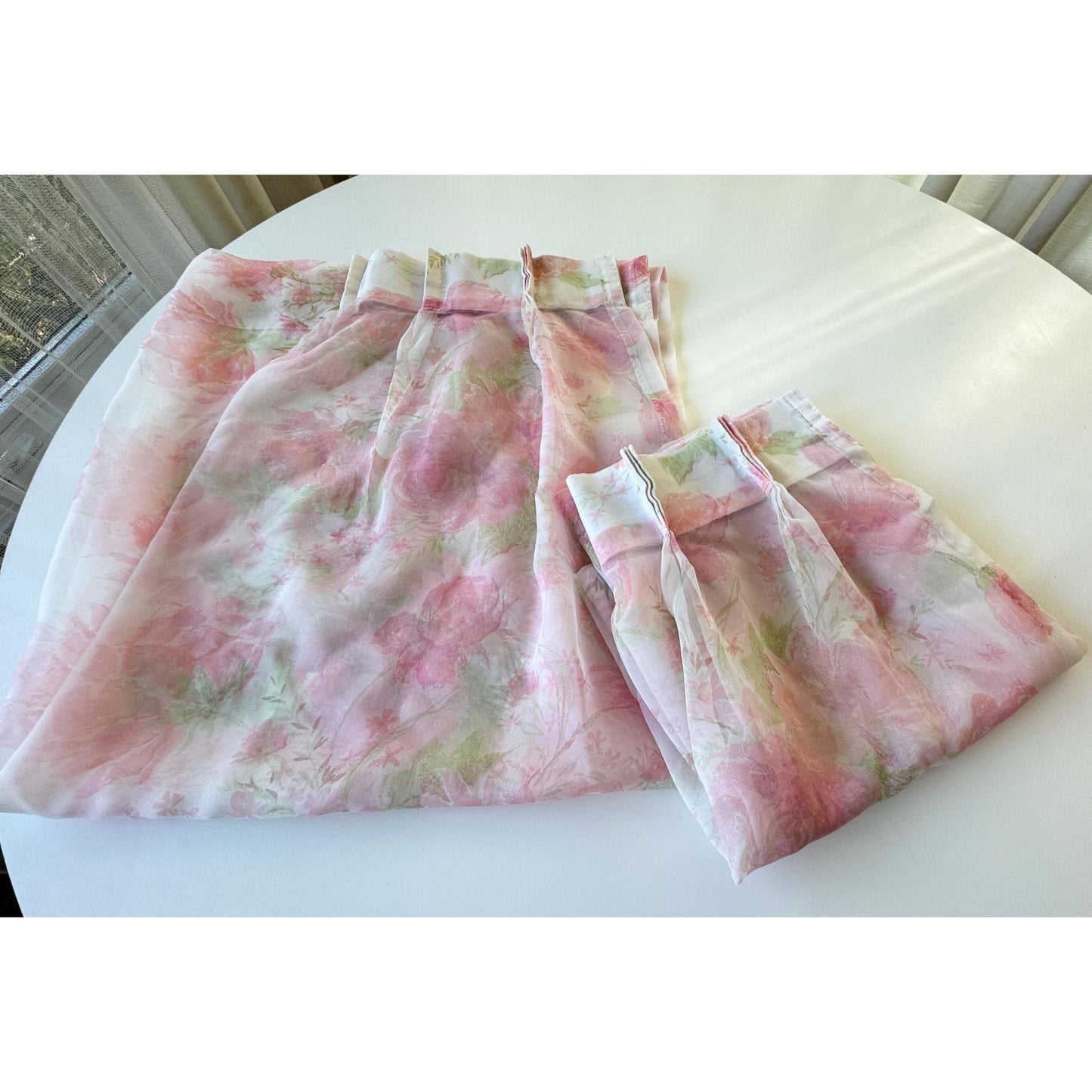 Vintage 1960s pair of pleated curtains, sheer pink floral bouquet