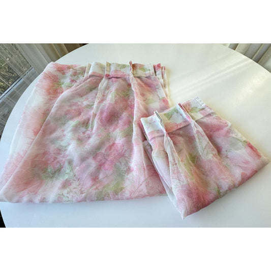 Vintage 1960s pair of pleated curtains, sheer pink floral bouquet