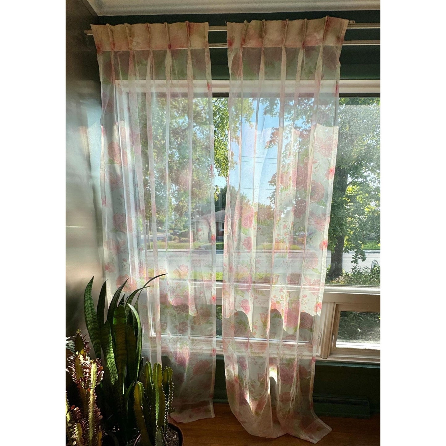 Vintage 1960s pair of pleated curtains, sheer pink floral bouquet