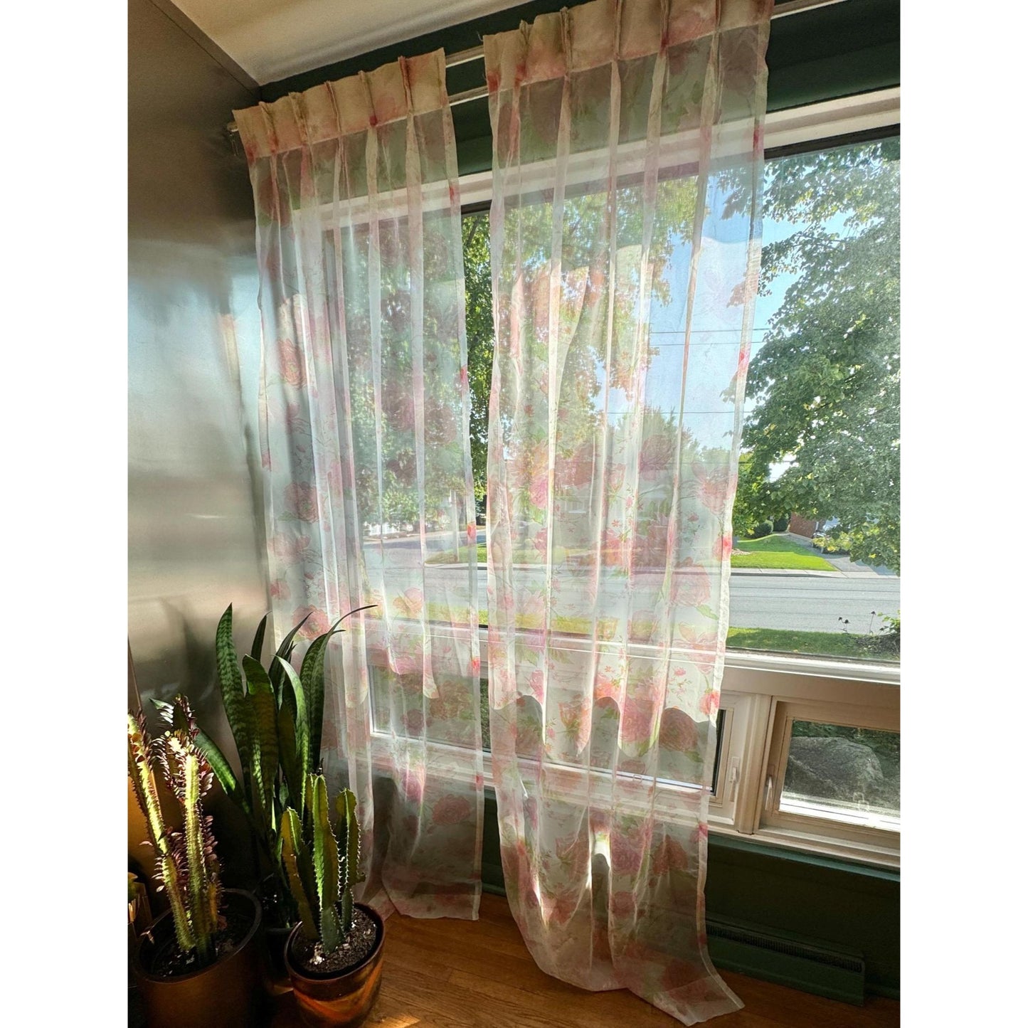 Vintage 1960s pair of pleated curtains, sheer pink floral bouquet