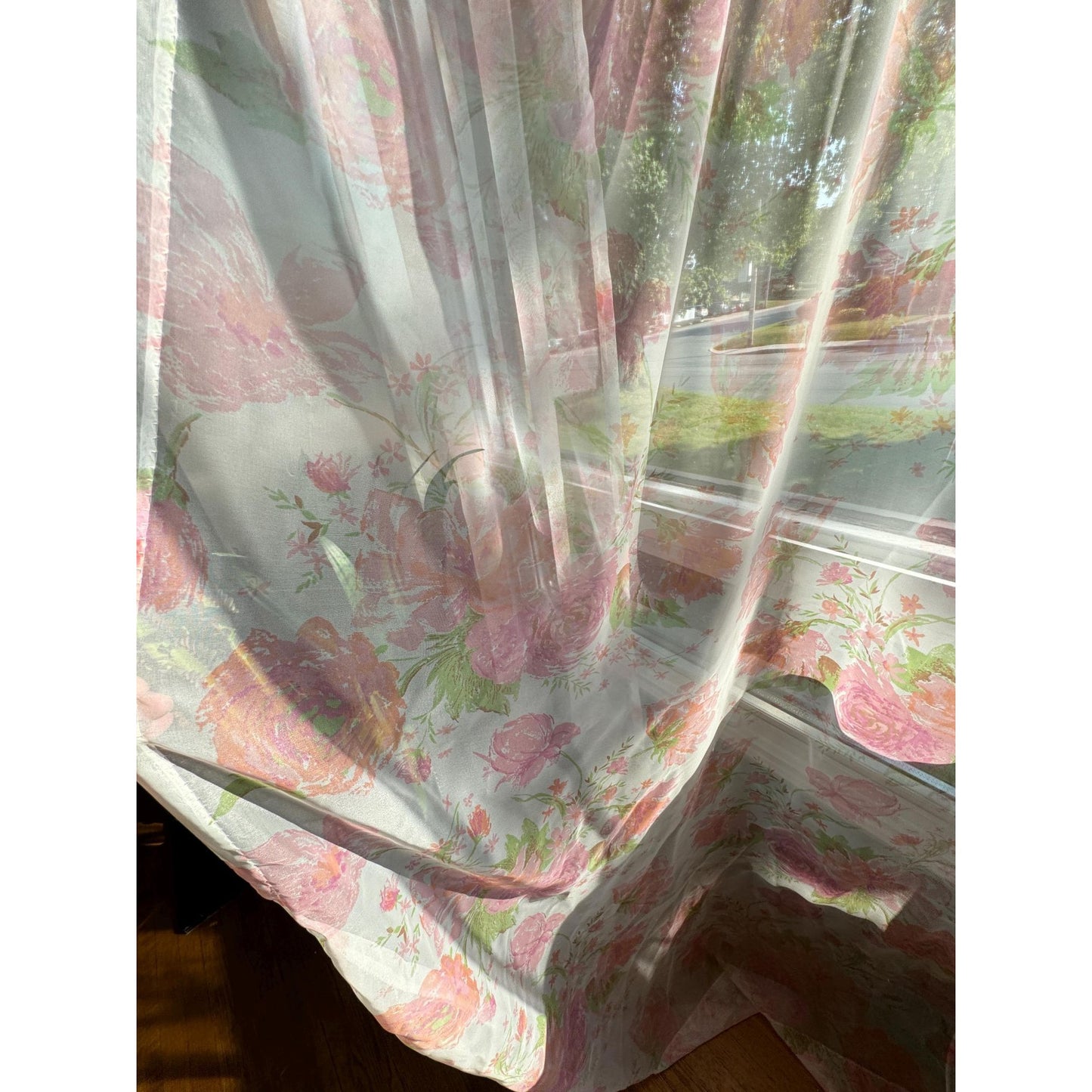 Vintage 1960s pair of pleated curtains, sheer pink floral bouquet