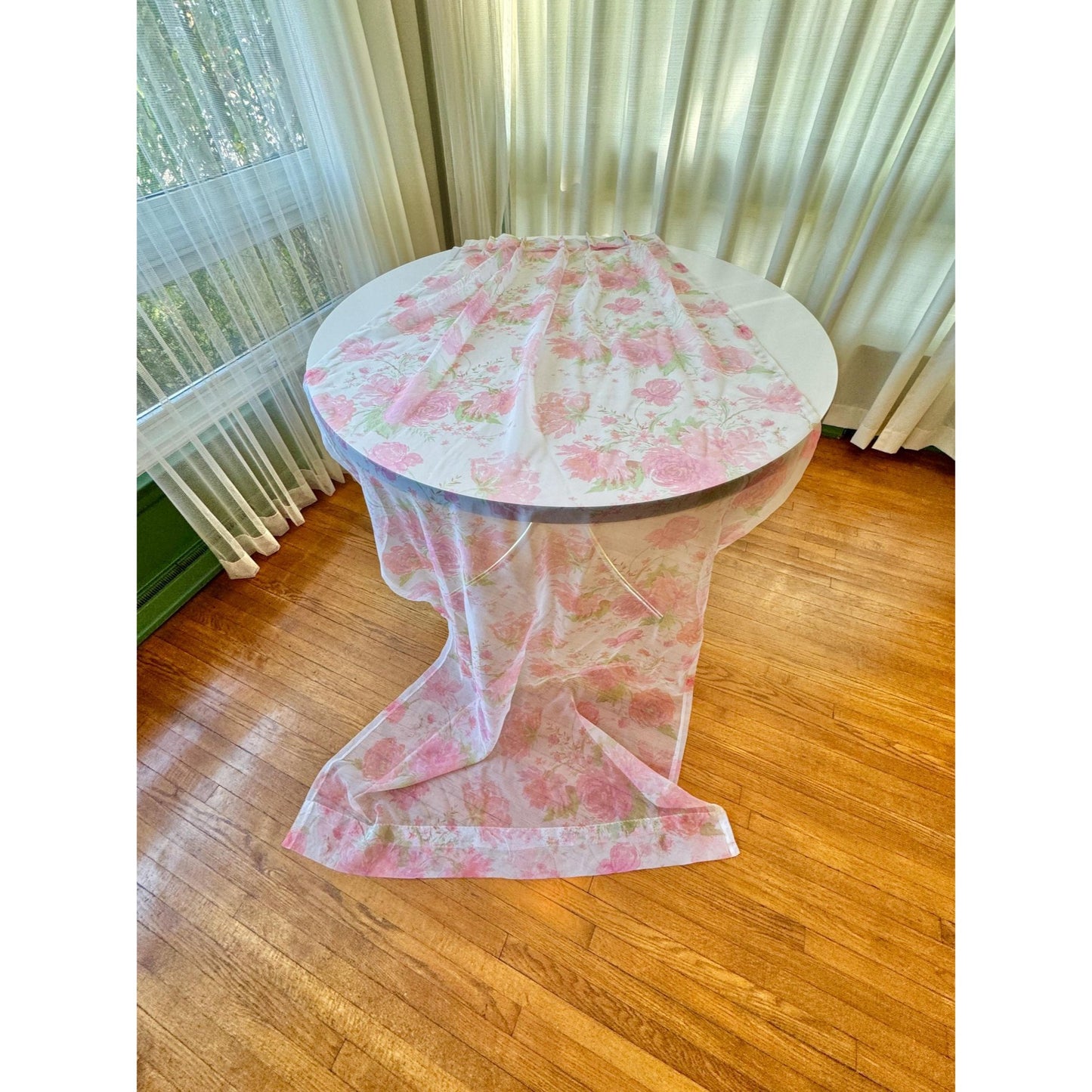 Vintage 1960s pair of pleated curtains, sheer pink floral bouquet