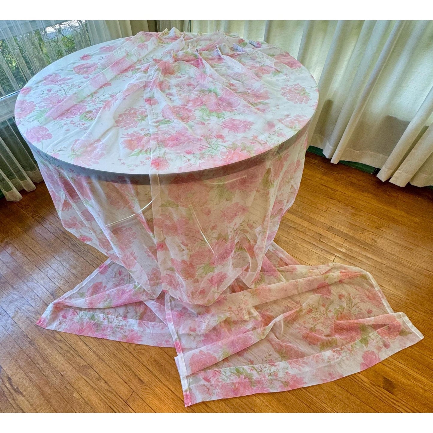 Vintage 1960s pair of pleated curtains, sheer pink floral bouquet