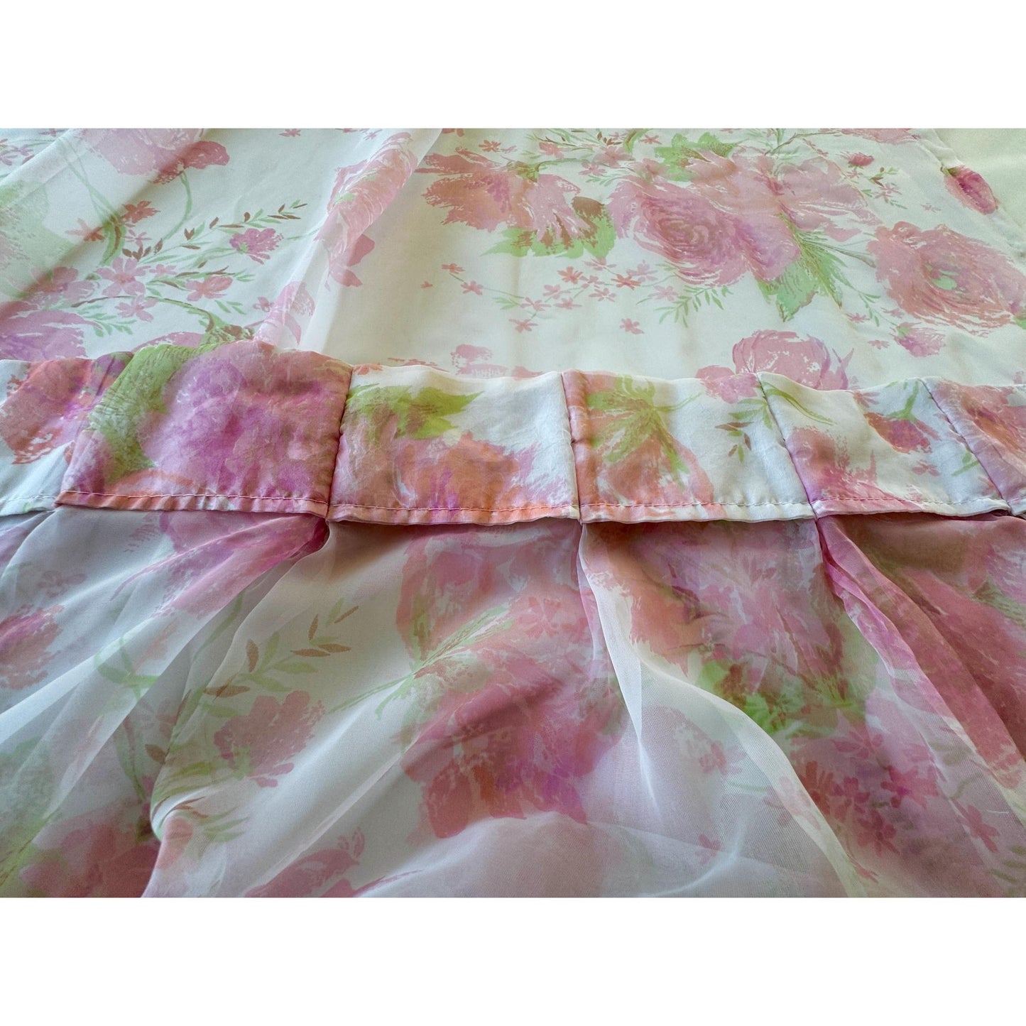 Vintage 1960s pair of pleated curtains, sheer pink floral bouquet