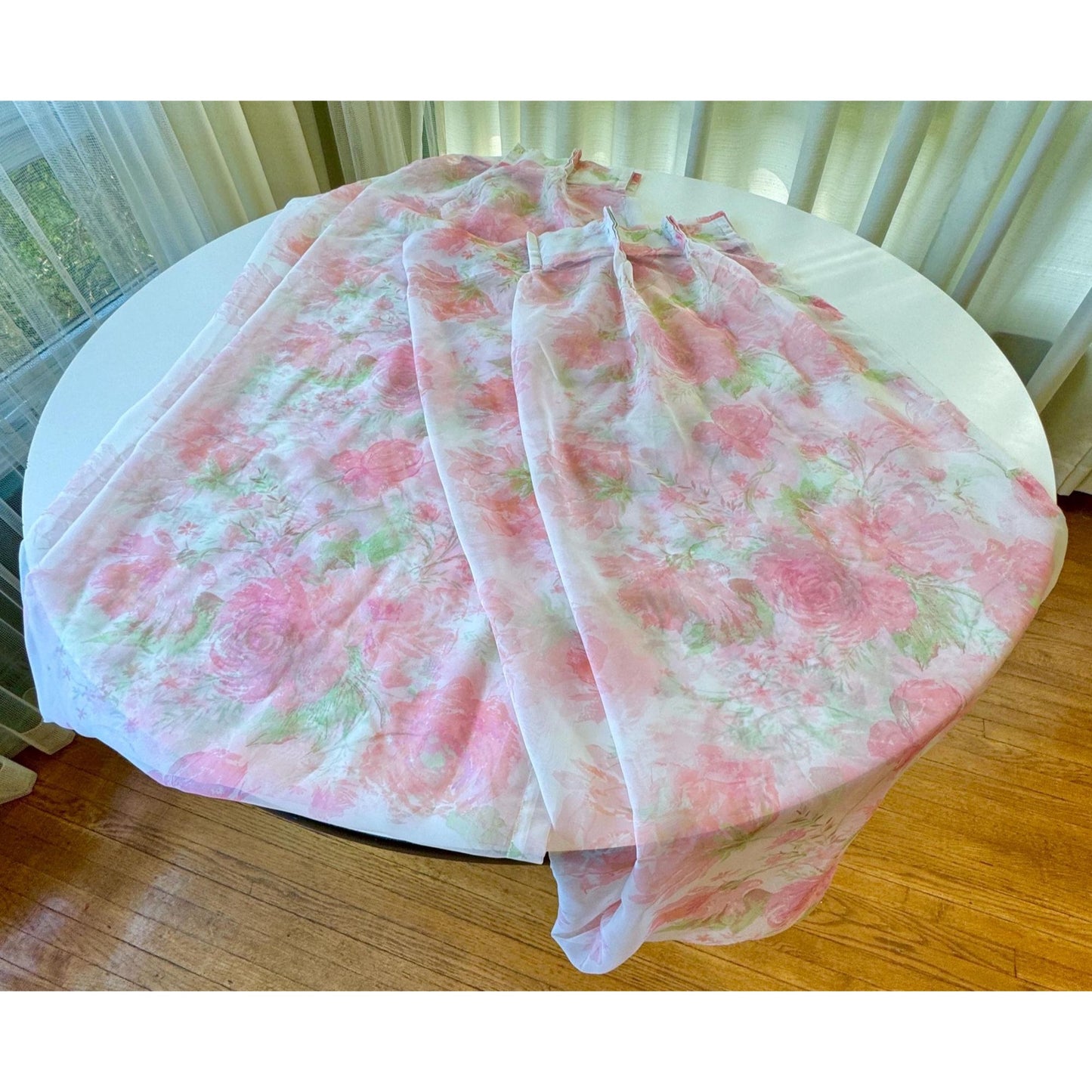 Vintage 1960s pair of pleated curtains, sheer pink floral bouquet