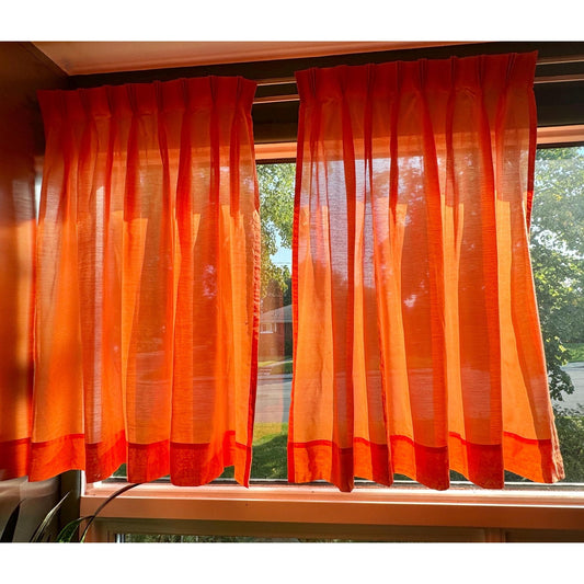 Vintage 70s pleated curtains, tangerine orange jewel tone, pair of panels