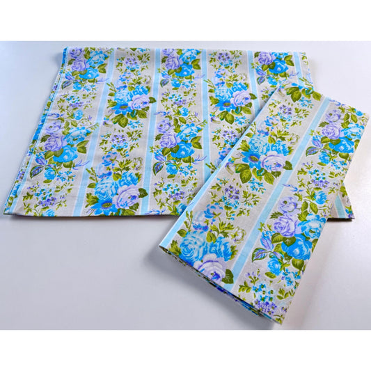 Vintage 70s pillowcases set, blue purple floral bouquets & stripes, Texmade