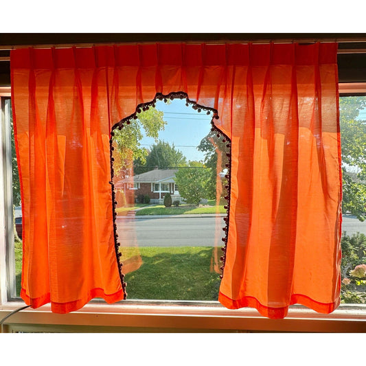 Vintage 70s pleated valance, orange, chocolate brown pompoms, swag panel