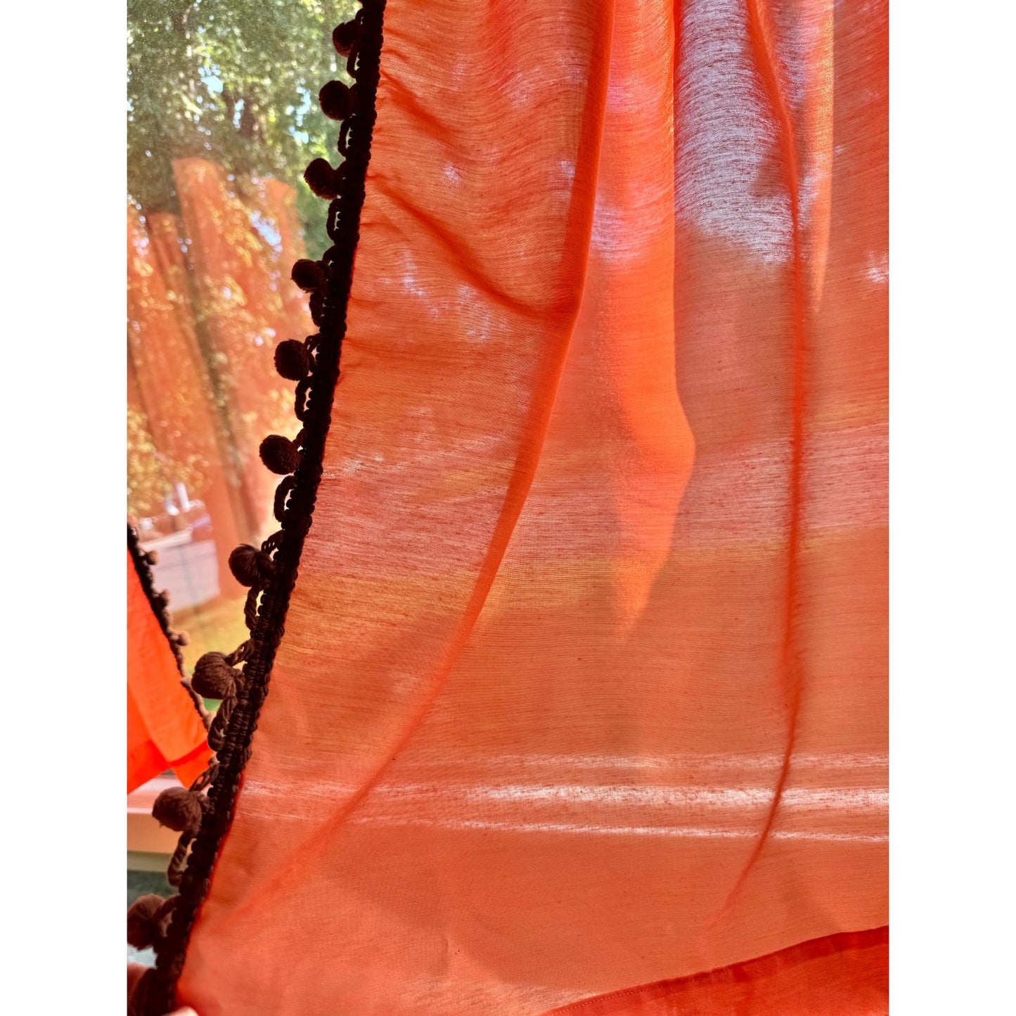 Vintage 70s pleated valance, orange, chocolate brown pompoms, swag panel
