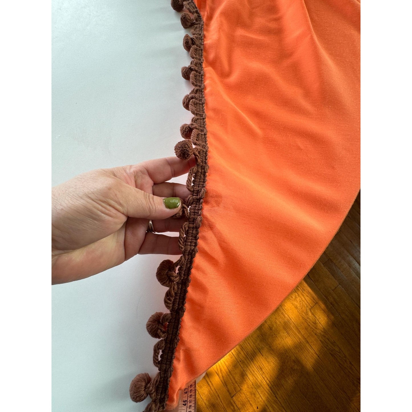 Vintage 70s pleated valance, orange, chocolate brown pompoms, swag panel