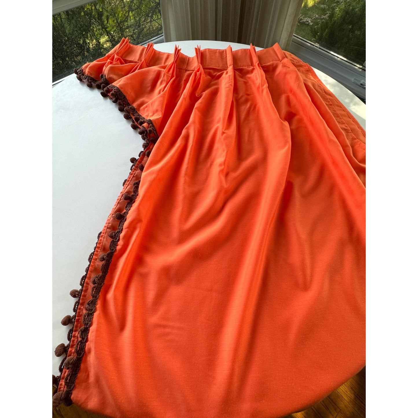 Vintage 70s pleated valance, orange, chocolate brown pompoms, swag panel